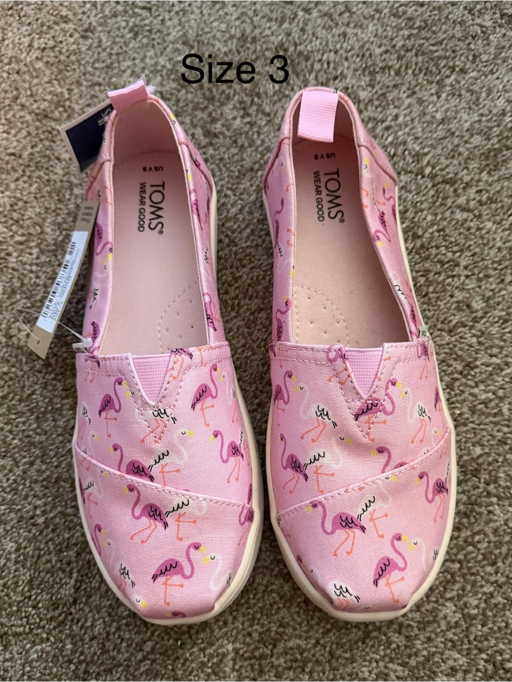 Toms Kids Pink Flamingo Slip-On Sneakers sz 3 BRAND NEW